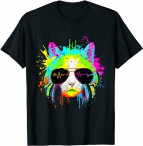 T-shirt arc-en-ciel chat DJ lunettes de soleil