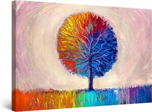 Impression sur toile peinture arbre solitaire arc-en-ciel